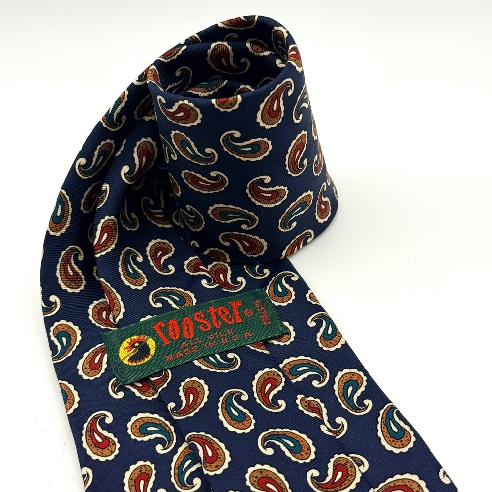 Rooster Mens Silk Tie Navy Blue Paisley Pattern Made in USA 3.75 Inch Width - Picture 3 of 10